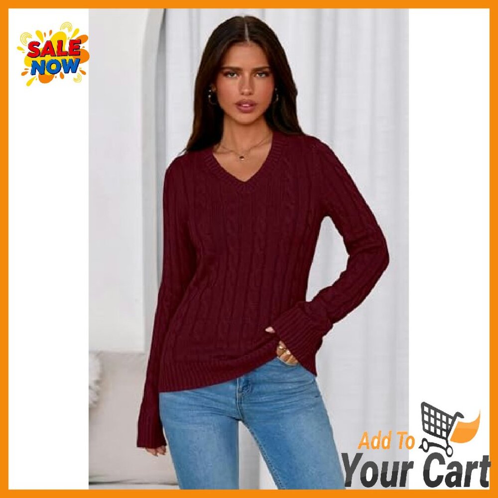 V-Neck Cable Knit Pullover Sweater - Fitted Ribbe… - image 3